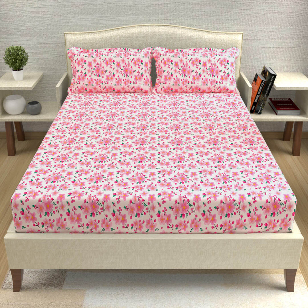 buy fuschia pink delicate floral cotton double bed bedsheets online – side view